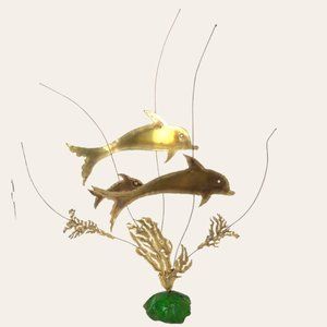 Vintage 1960s Dolphins Brutalist Metal Sculpture Sea Green Clear Acrylic Base MC